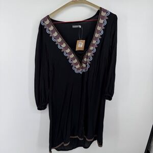 Earthbound Trading Co Black Embroidered Lace Up V-Neck Mini Dress Large NWT